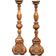 Pair of 19th Century French Carved Walnut Candlesticks with Metal Bobeches