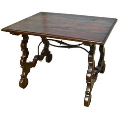 Early 19th Century Scalloped Walnut Lyre Leg Table with Iron Stretchers
