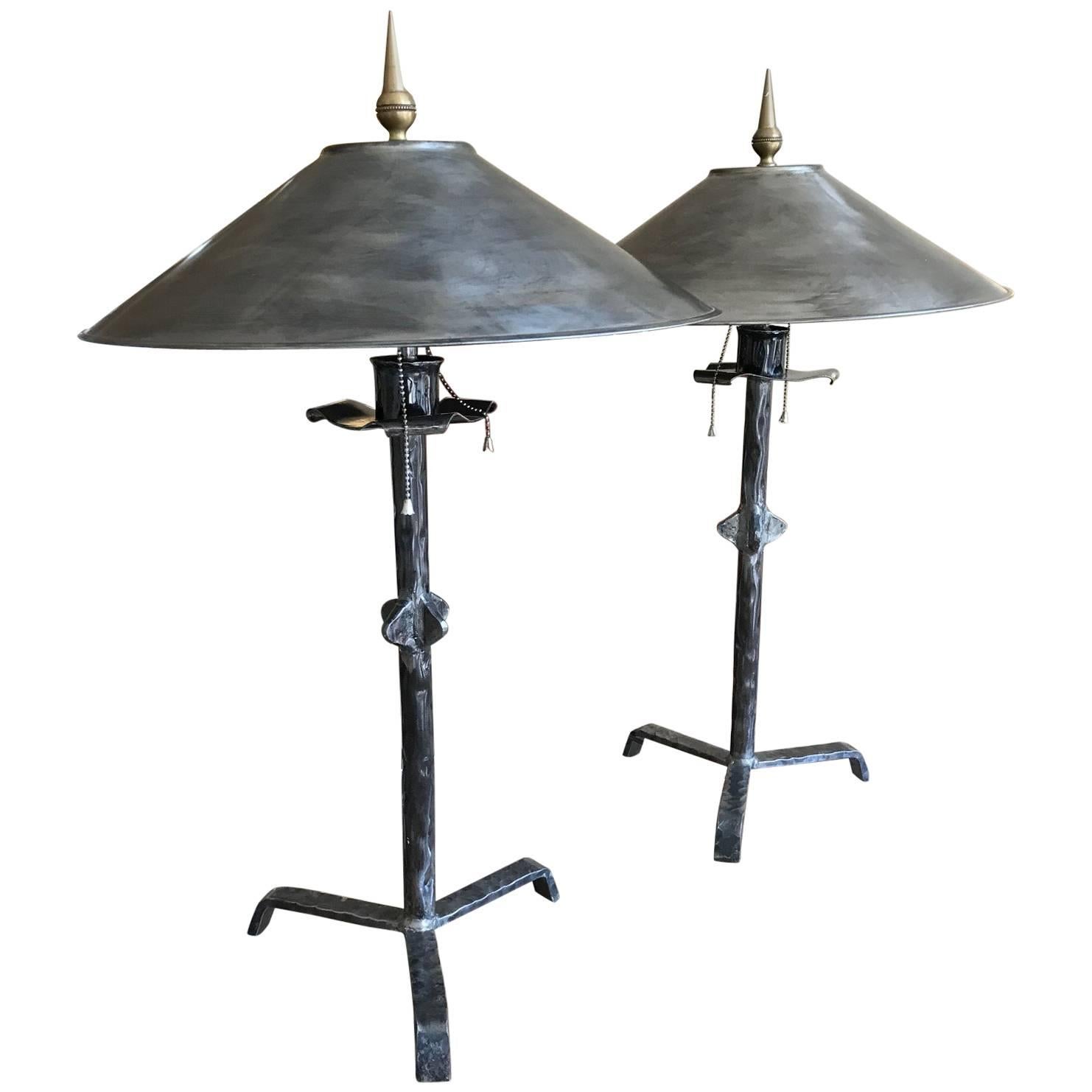 Pair of Hammered Steel Giacometti Style Lamps with Metal Shades