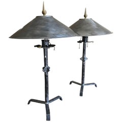 Vintage Pair of Hammered Steel Giacometti Style Lamps with Metal Shades
