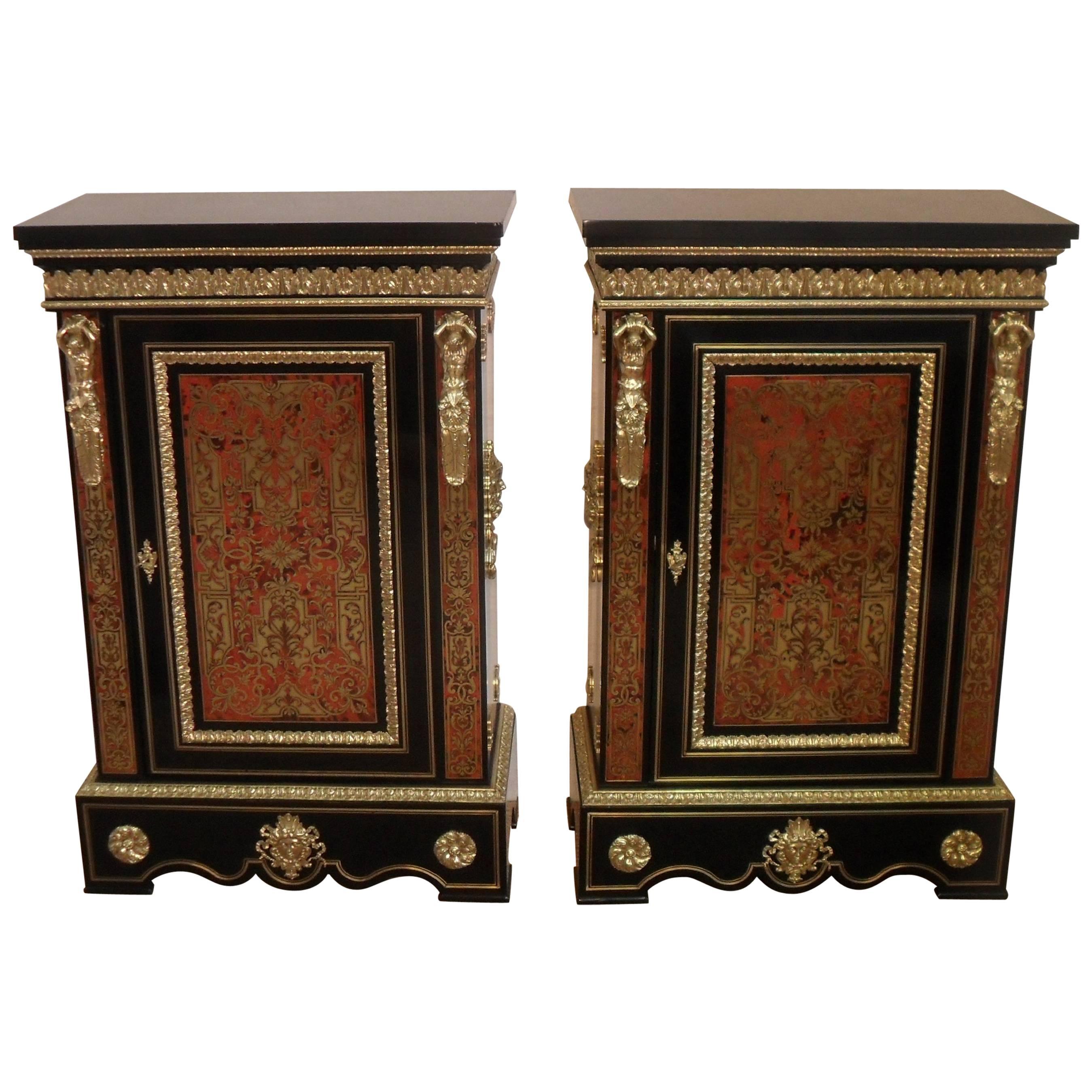 Pair of French Boulle Napoleon III Side Cabinets with Bronze Gilt Mounts