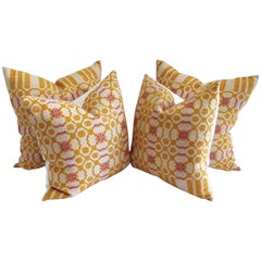 Amazing Early 19th Century Mustard and Salmon Woven Coverlet Pillows, Pair