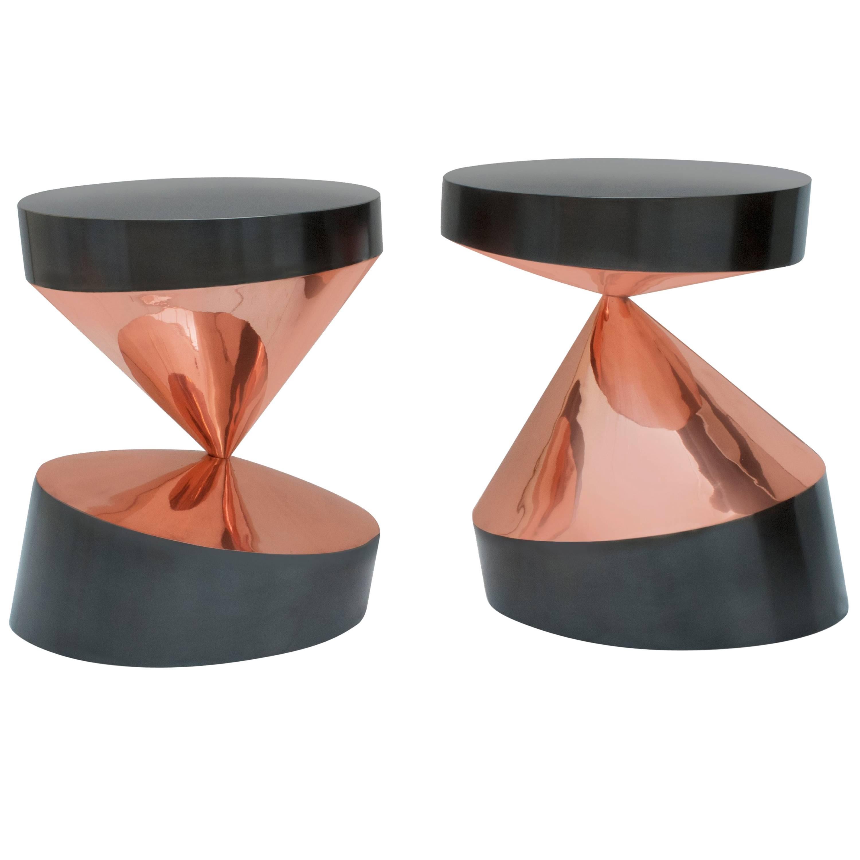 Whirling Twins, Side Tables in Copper and Burnished Brass by Paolo Giordano For Sale