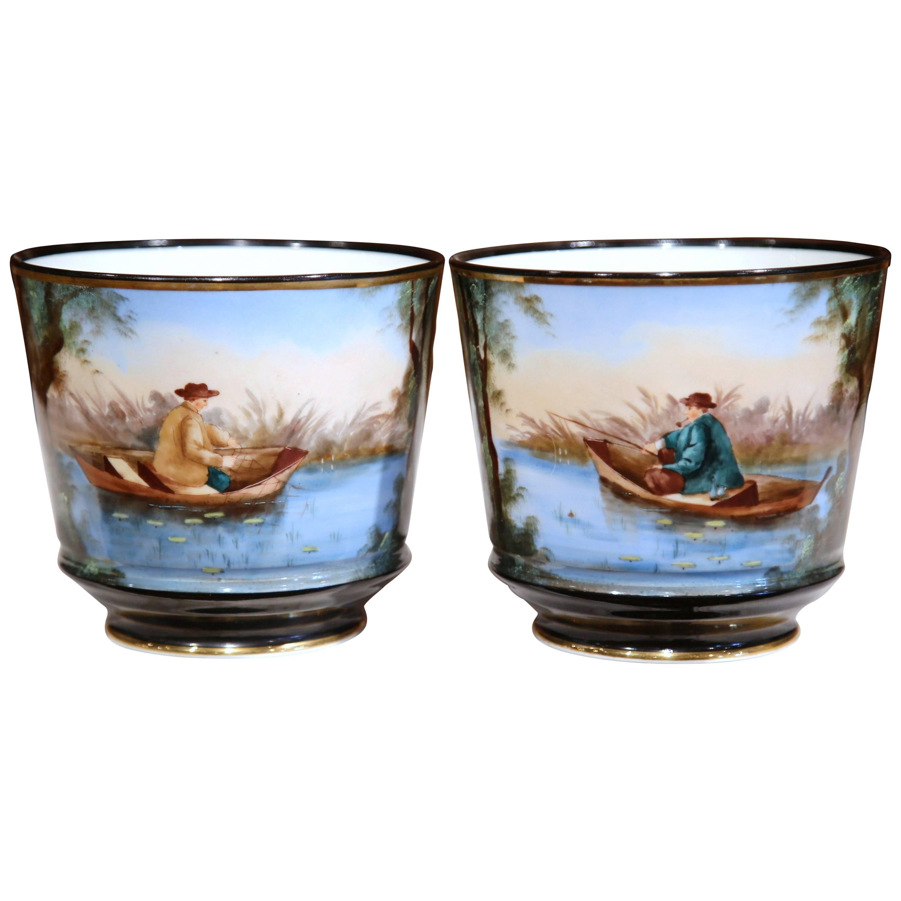 Pair of 19th Century French Hand-Painted Porcelain Cache-Pots with Fishermen