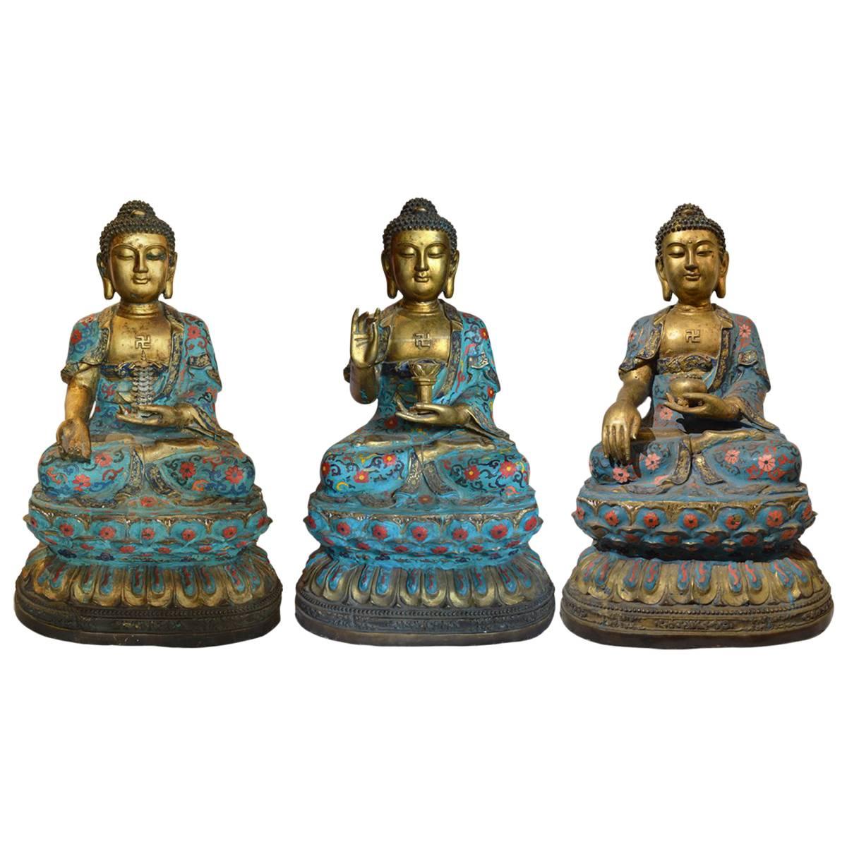 Three Large Chinese Gilt Bronze and Cloisonné Buddha’s Seated on Lotus Flower