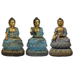 Three Large Chinese Gilt Bronze and Cloisonné Buddha’s Seated on Lotus Flower