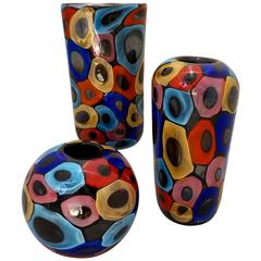 Camozzo 1990 Modern Set Black Azure Blue Red Pink Yellow Murano Glass Vases 6