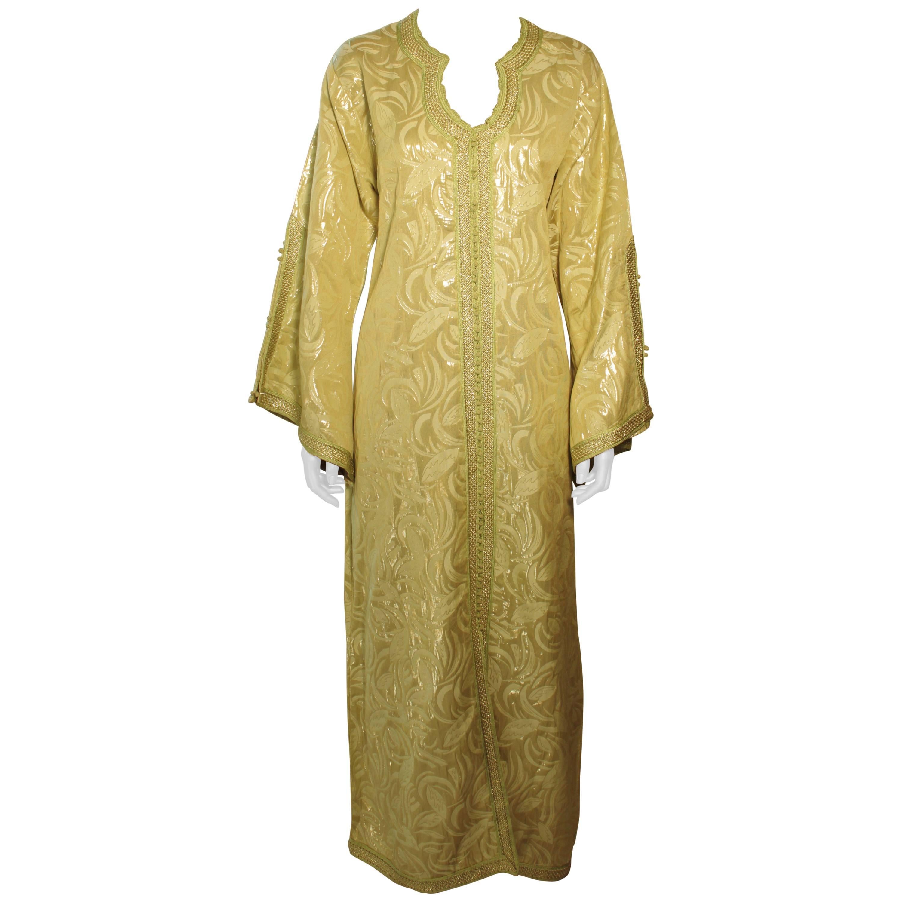 Moroccan Moorish Caftan Gown in Gold Brocade Maxi Dress Kaftan Size M to L For Sale