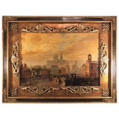 Olio su tela "Veduta della città" Scena di città al tramonto con palazzo Firmato Kitty Young