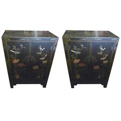 Antique Pair of Asian Nightstands with Two Drawers and One Glass Shelf