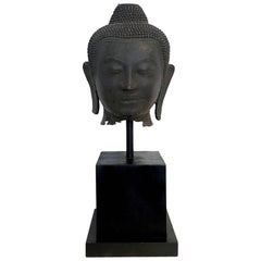 Antique Large Bronze Buddha Head with Stand Thailand