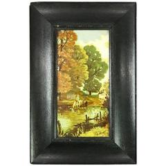 Antique Continental Barbotine Pottery Plaque, Countryside Scene, circa 1890