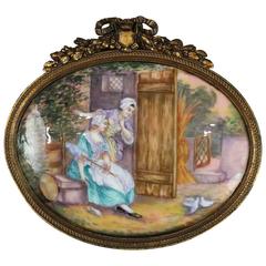 Antique French Enameled Porcelain Genre Painting on Copper Ladies with Doves