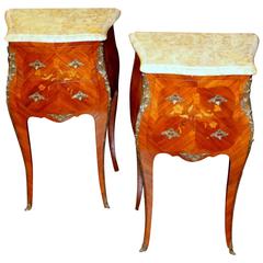 Antique Pair of Old French Marquetry Inlaid Louis XV Chairside or Bedside Tables