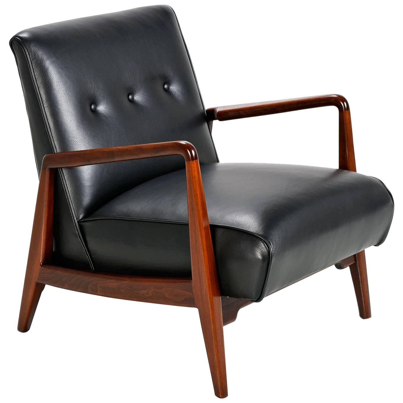 Jens Risom Lounge Chair Danish Walnut & Tufted Black Leather