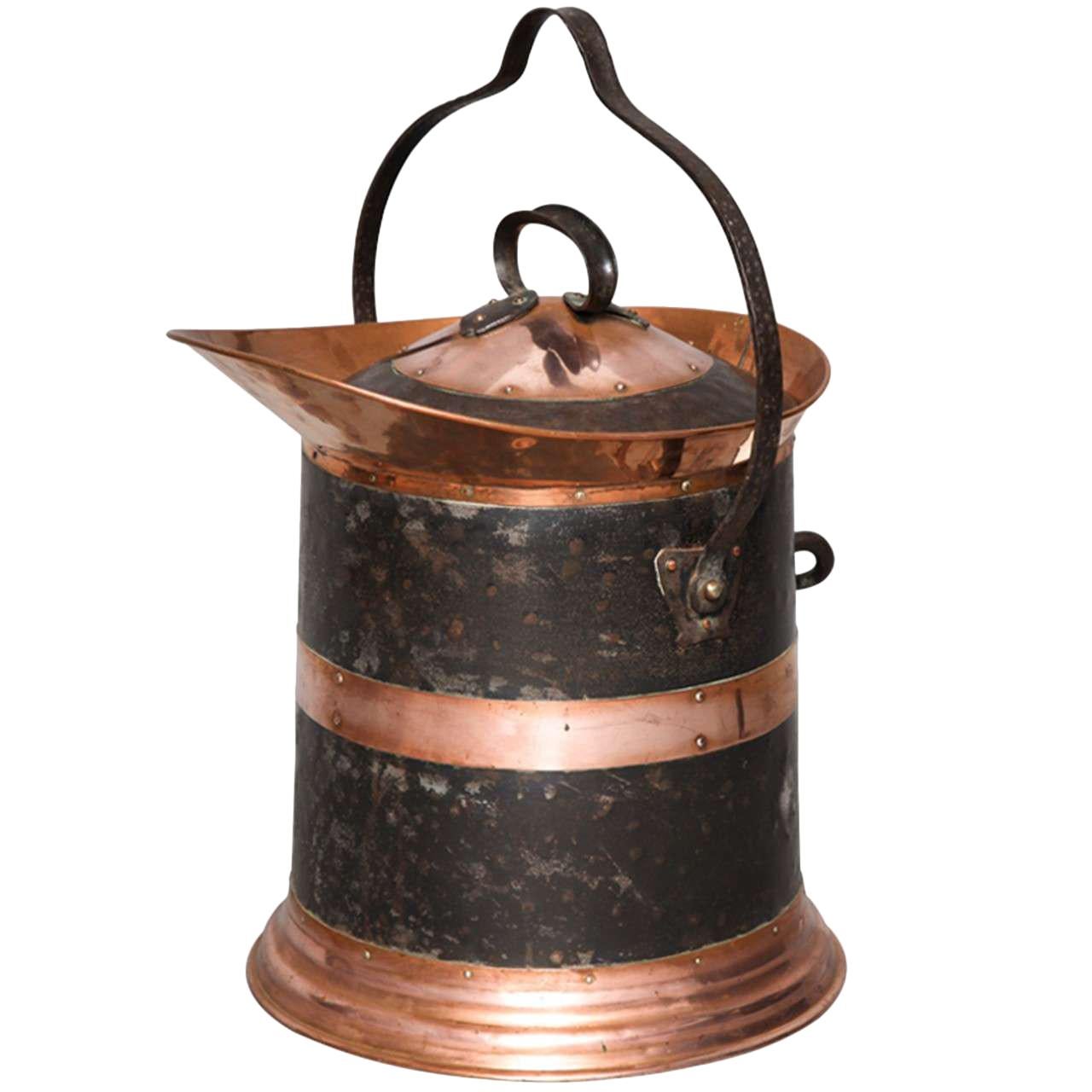 Copper and Iron Lidded Coal Scuttle