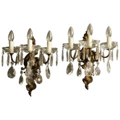 Italian Pair of Gilded Triple Arm Antique Wall Lights