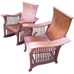 Matched Pair of Quarter Cut Sawn Oak Bentwood Carved Chairs