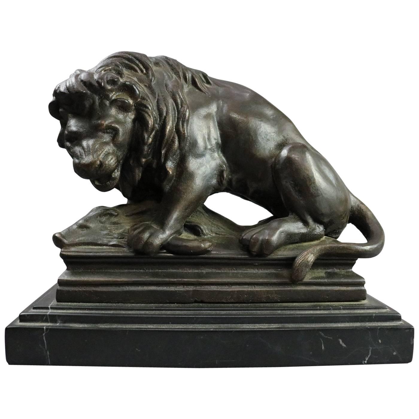 Antique French Barye School Bronze Lion & Boar Hunt Sculpture, Marble Base