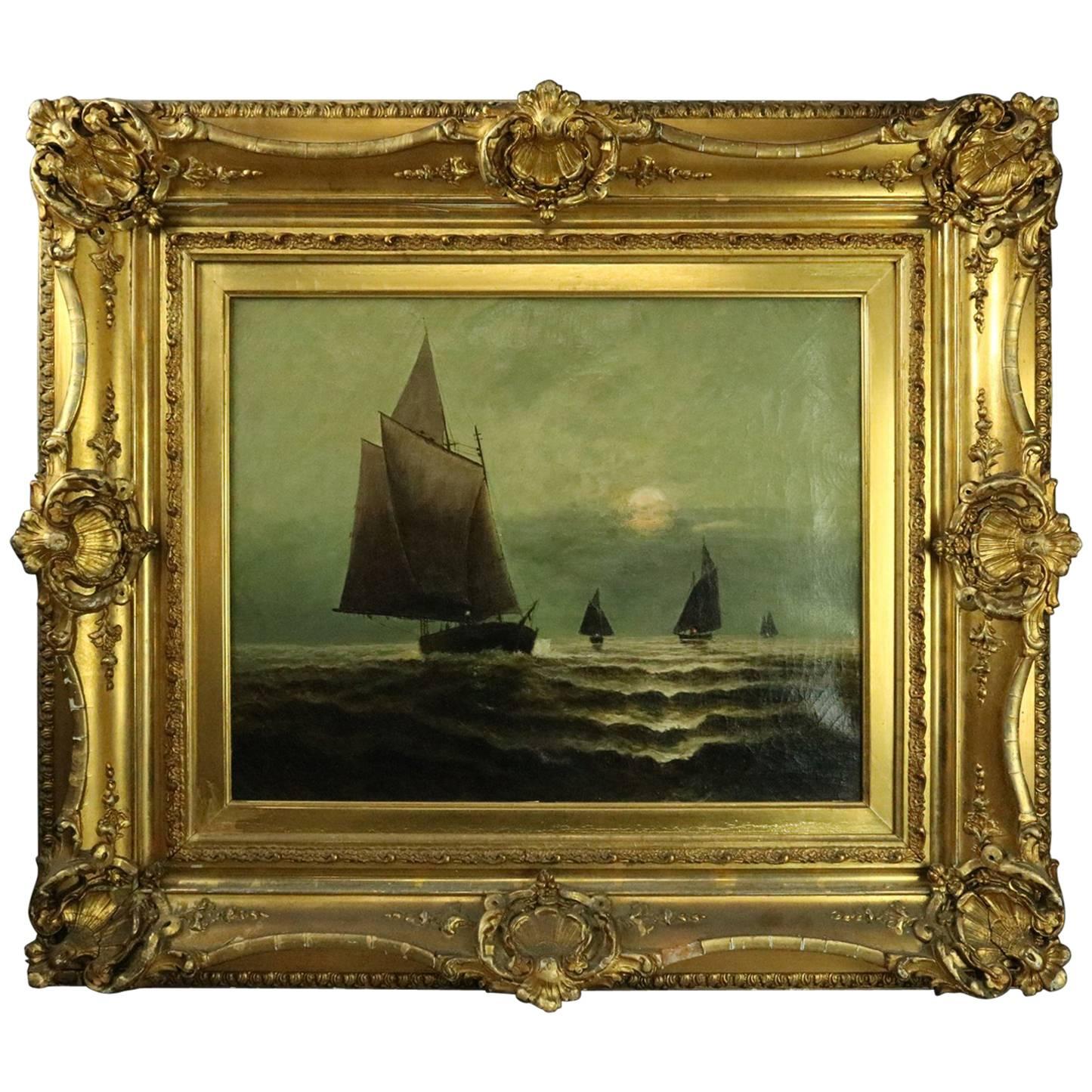 Antique Oil on Canvas Seascape Painting with Sailing Ships by M.E.King
