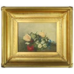 Antique Oil on Board Floral Painting in 1st Finish Gilt Frame, Signed