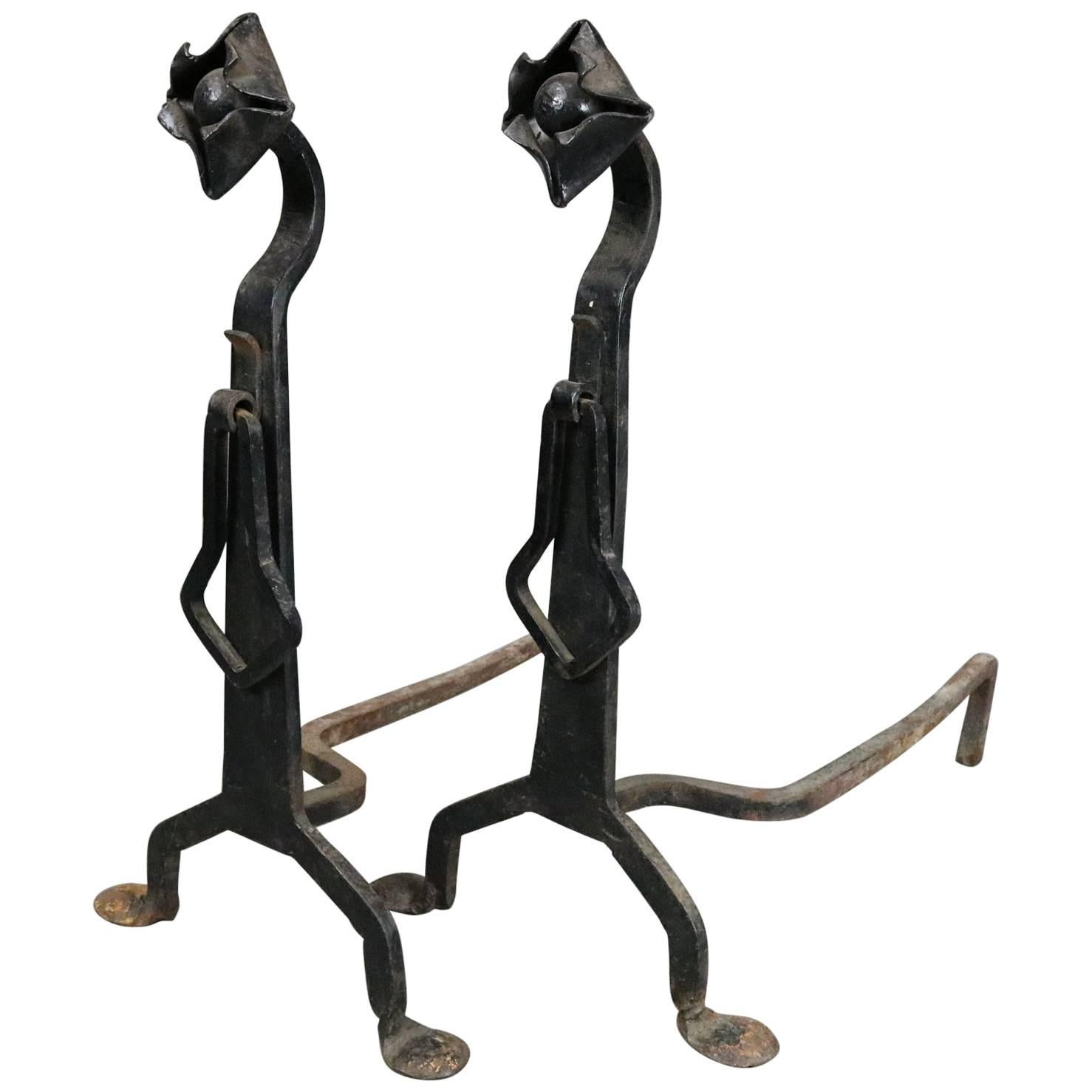 Pair of Antique Yellin School Arts & Crafts Wrought Iron Fireplace Andirons