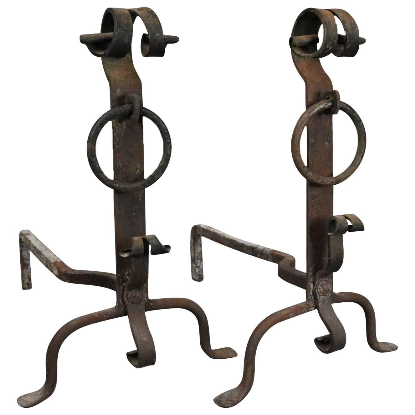Antique Old World England Hand-Forged Iron Fire Place Andirons Pair, circa 1820