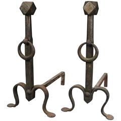 Pair Antique English Arts & Crafts Wrought Iron Fire Place Andirons, circa 1910