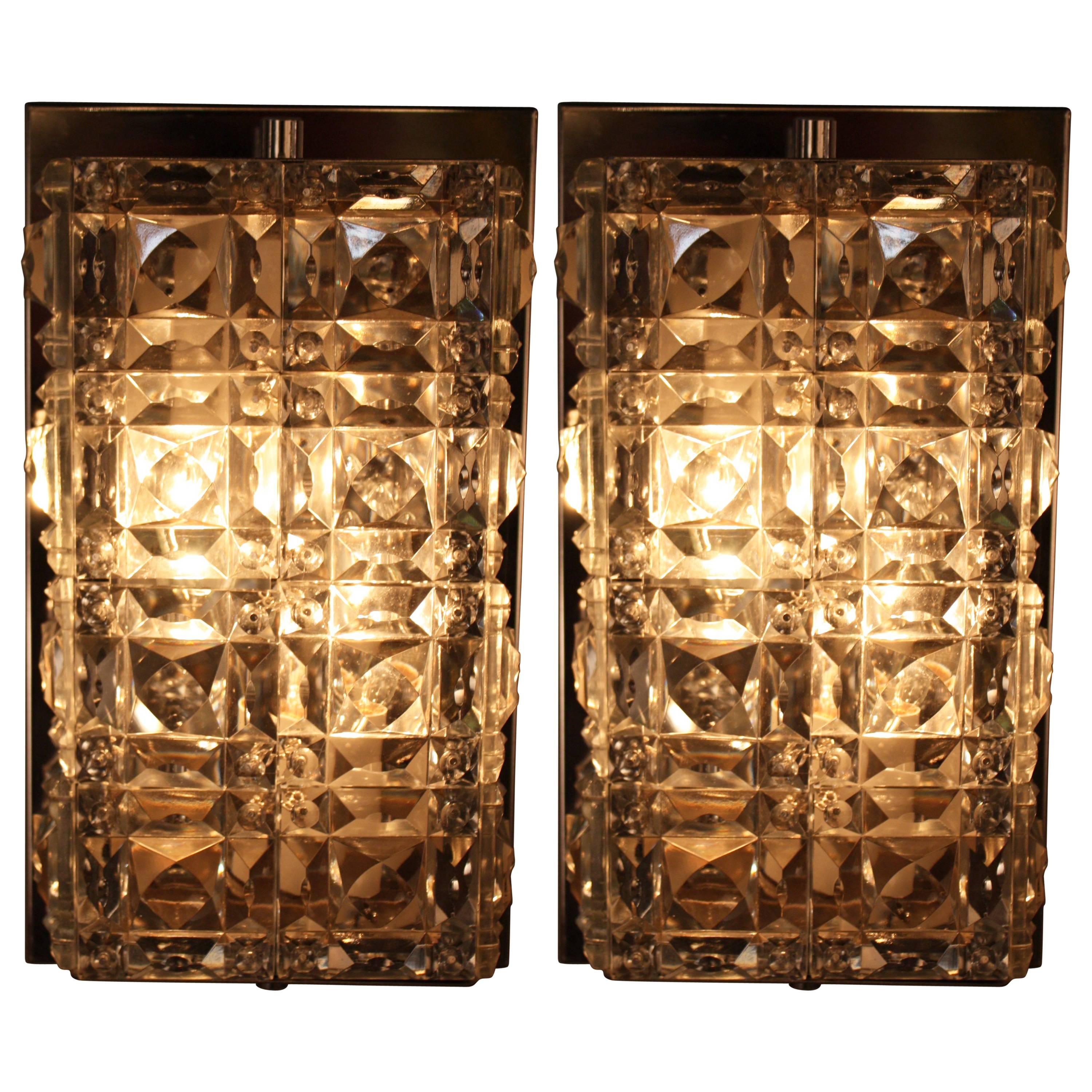 Pair of 1970s Crystal and Chrome Wall Sconces by Kinkeldey