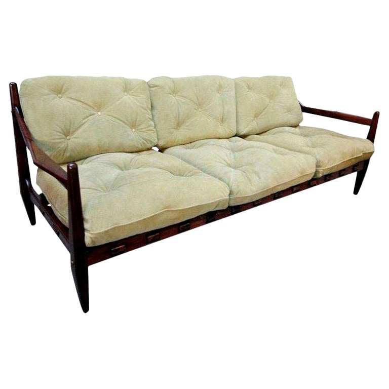 Jean Gillon 1960s Brazilian Jacaranda Wood Three-Seat Sofa in Tan Suede For Sale