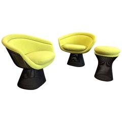 Warren Platner Bronze Lounge Chairs and Stool in Classic Boucle Chartreuse, Pair