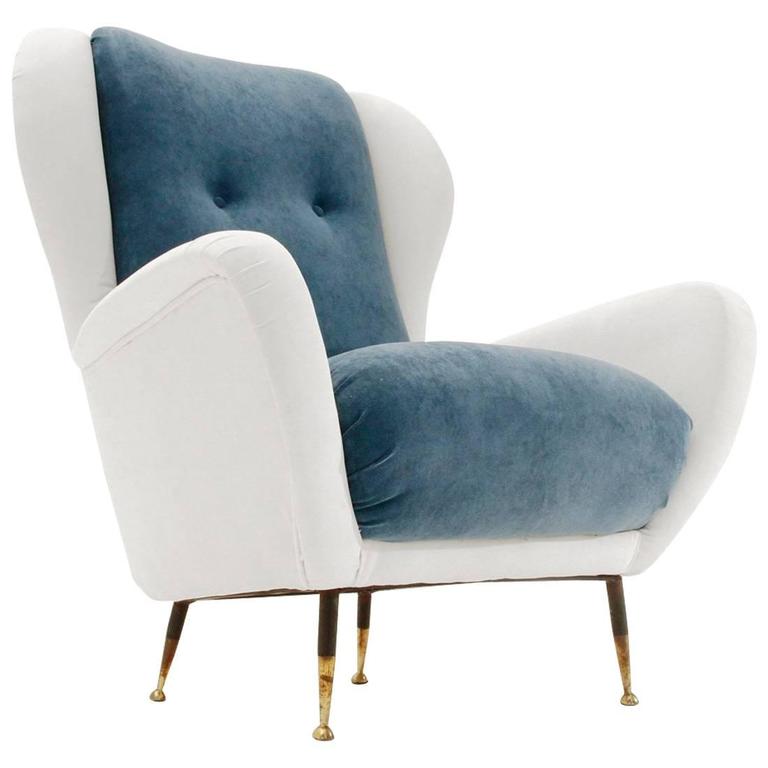 Italian Mid Century White And Blue Velvet Armchair At 1stdibs Italian Mid Century White And Blue Velvet Armchair For