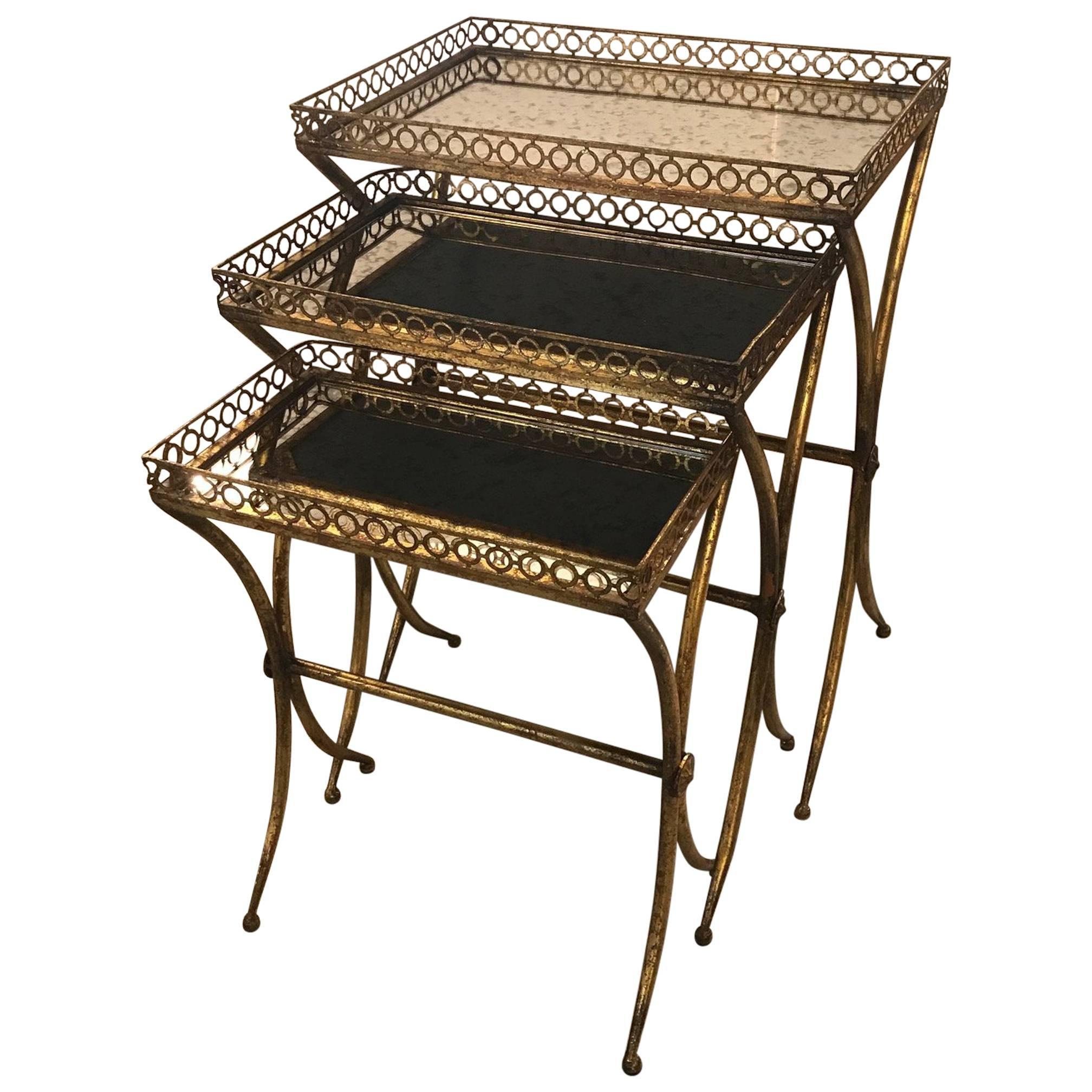 Set of Italian Gilt Metal Nest of Tables with Veined Mirror Tops