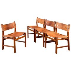 Set of Four Teak and Leather Sling Dining Chairs