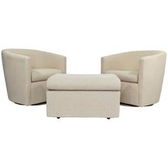 Mid-Century Modern Pair of Dunbar Swivel Lounge Chairs with Matching Ottoman