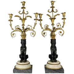 Pair of 19th Century Louis XVI Style Bronze and Marble Sphinx Candelabra
