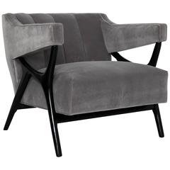 Mid-Century Modern Italian Sculptural Gray Velvet Lounge Armchair Parisi Style