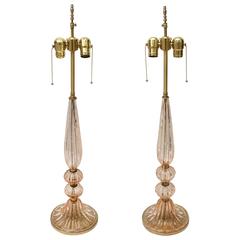 Pair of Barovier et Toso Style Murano Glass Table Lamps in Peche Coloration