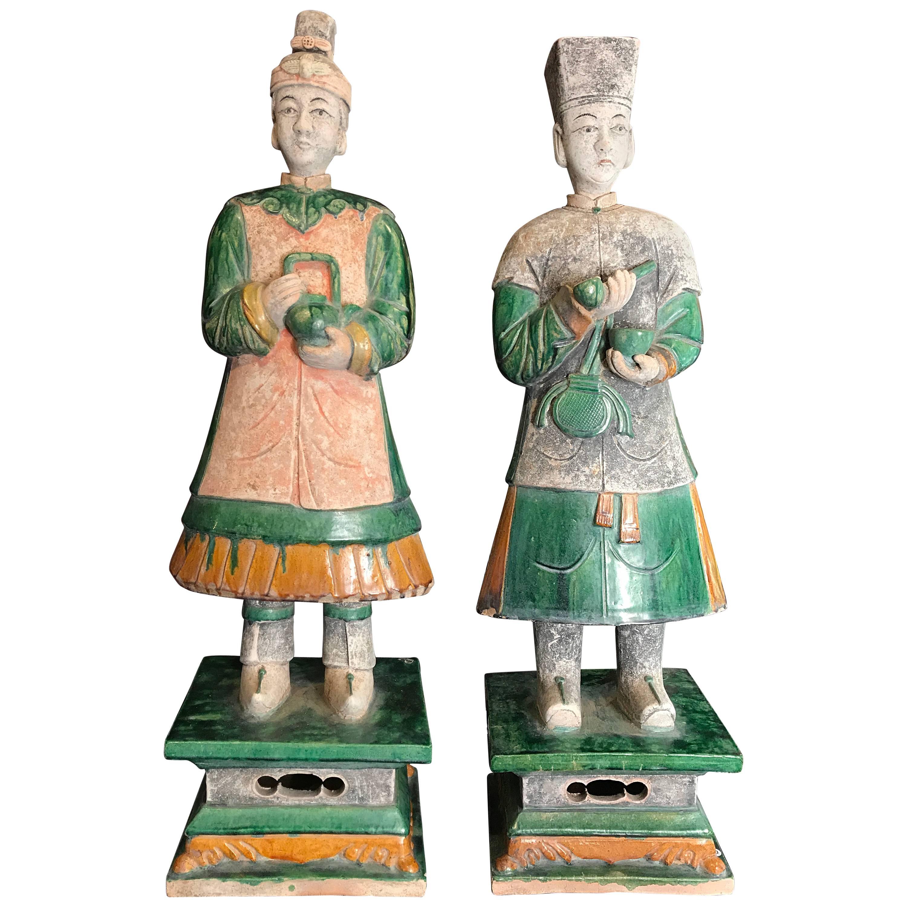 Important Ancient Chinese Pair Tall 32" Male and Female Attendants, 1368-1644