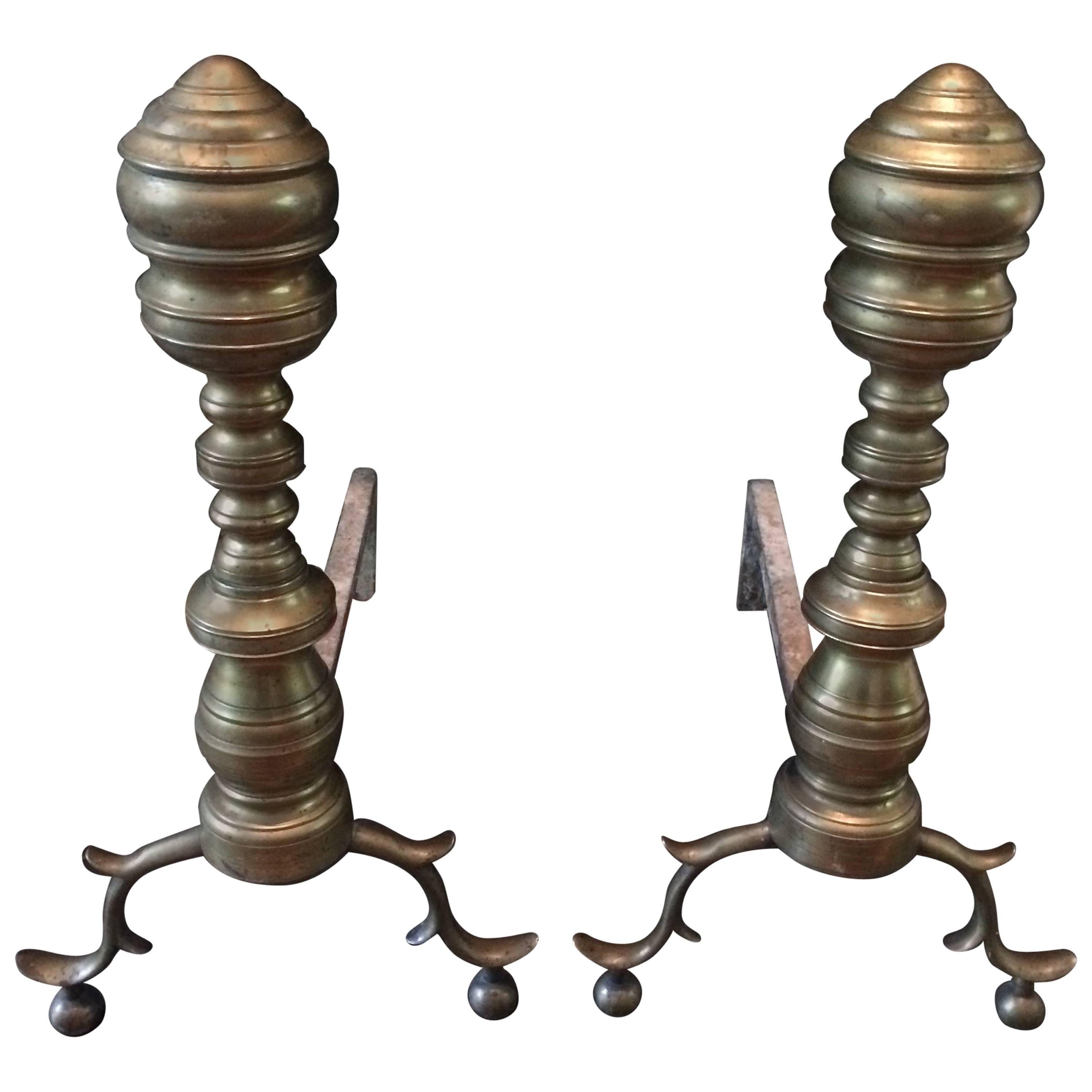 Pair of Antique Brass Chippendale Style Andirons For Sale