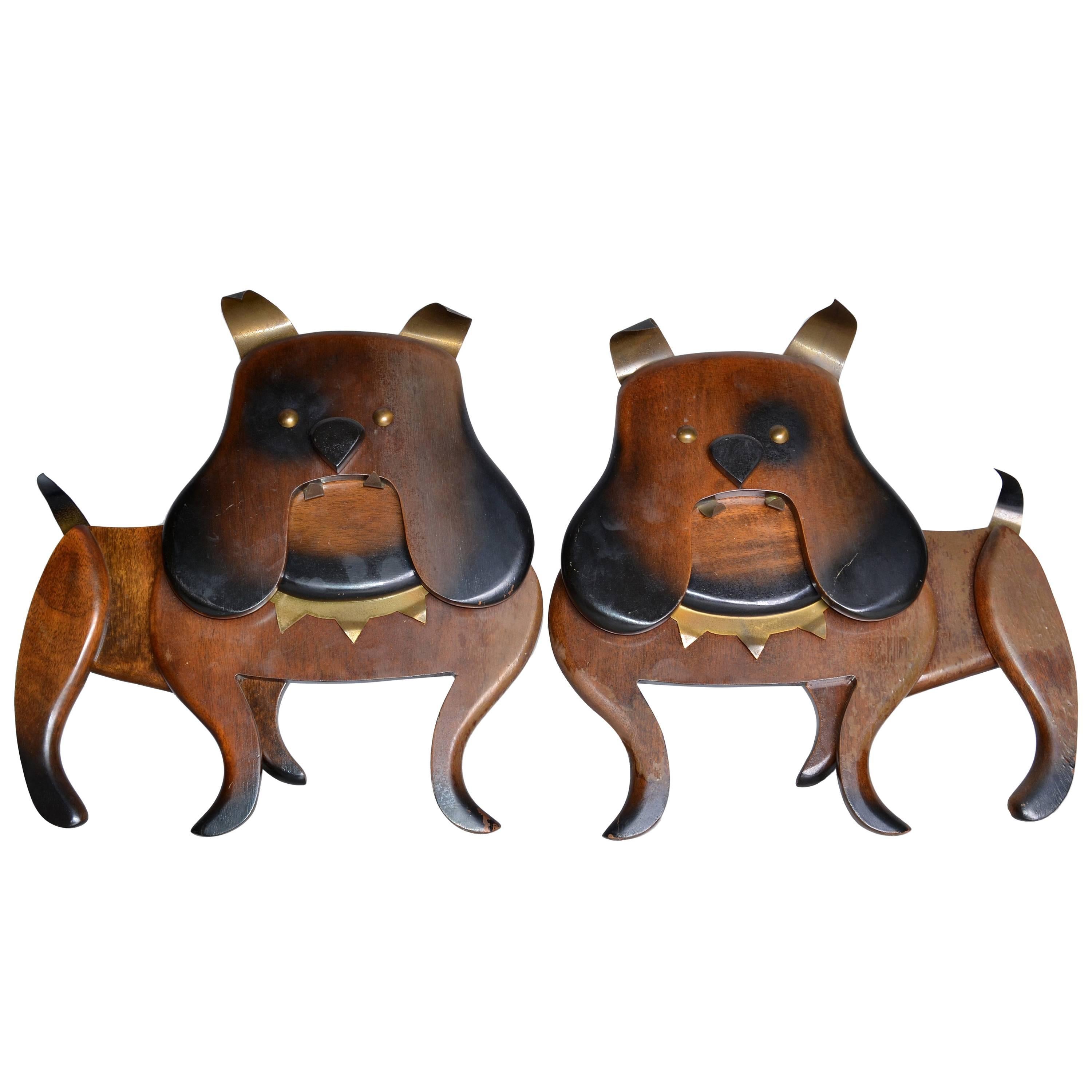 Pair of 1962 Wood and Brass Dog Wall Art