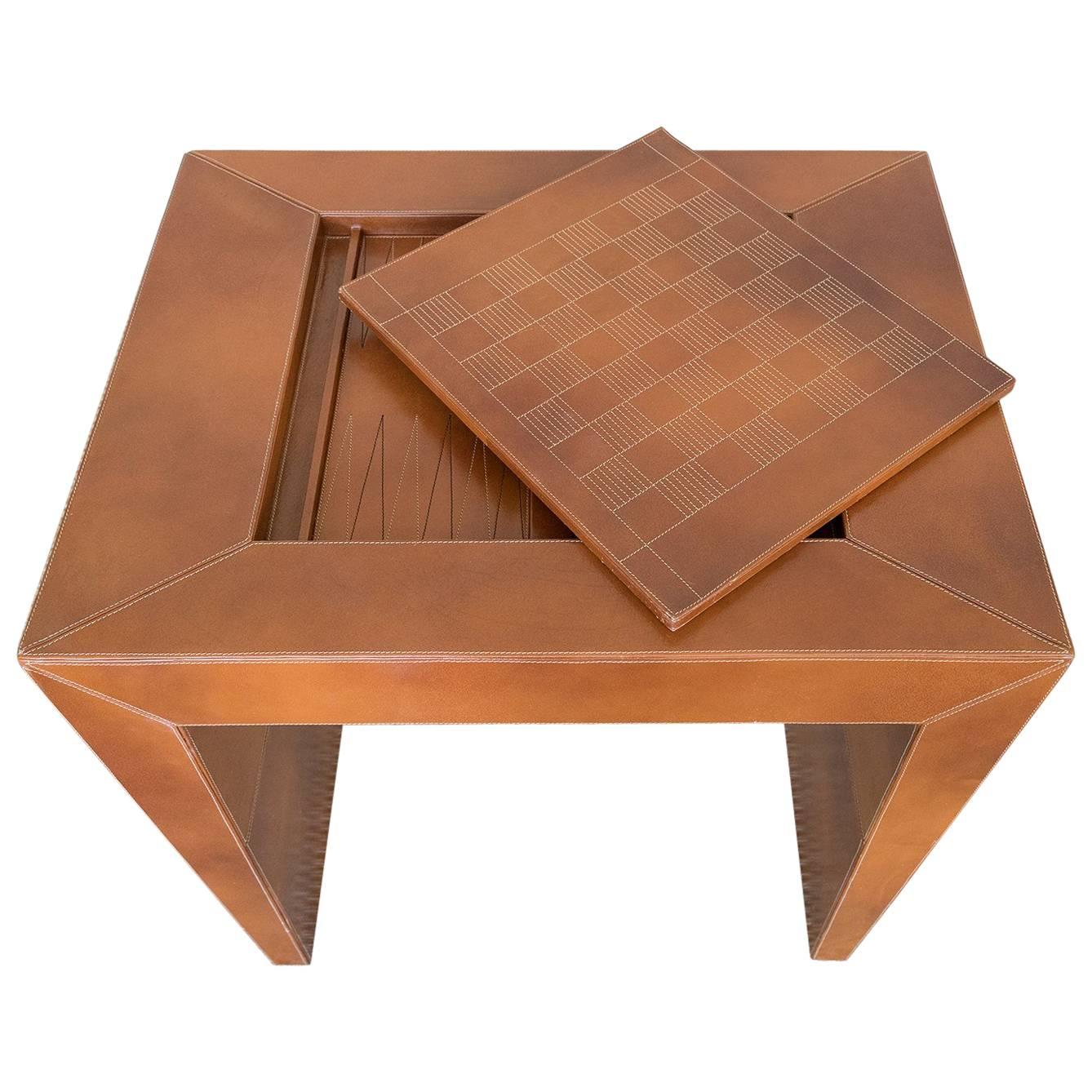 Chess/Backgammon/Checkers Game Table, 1970s Stitched Leather For Sale