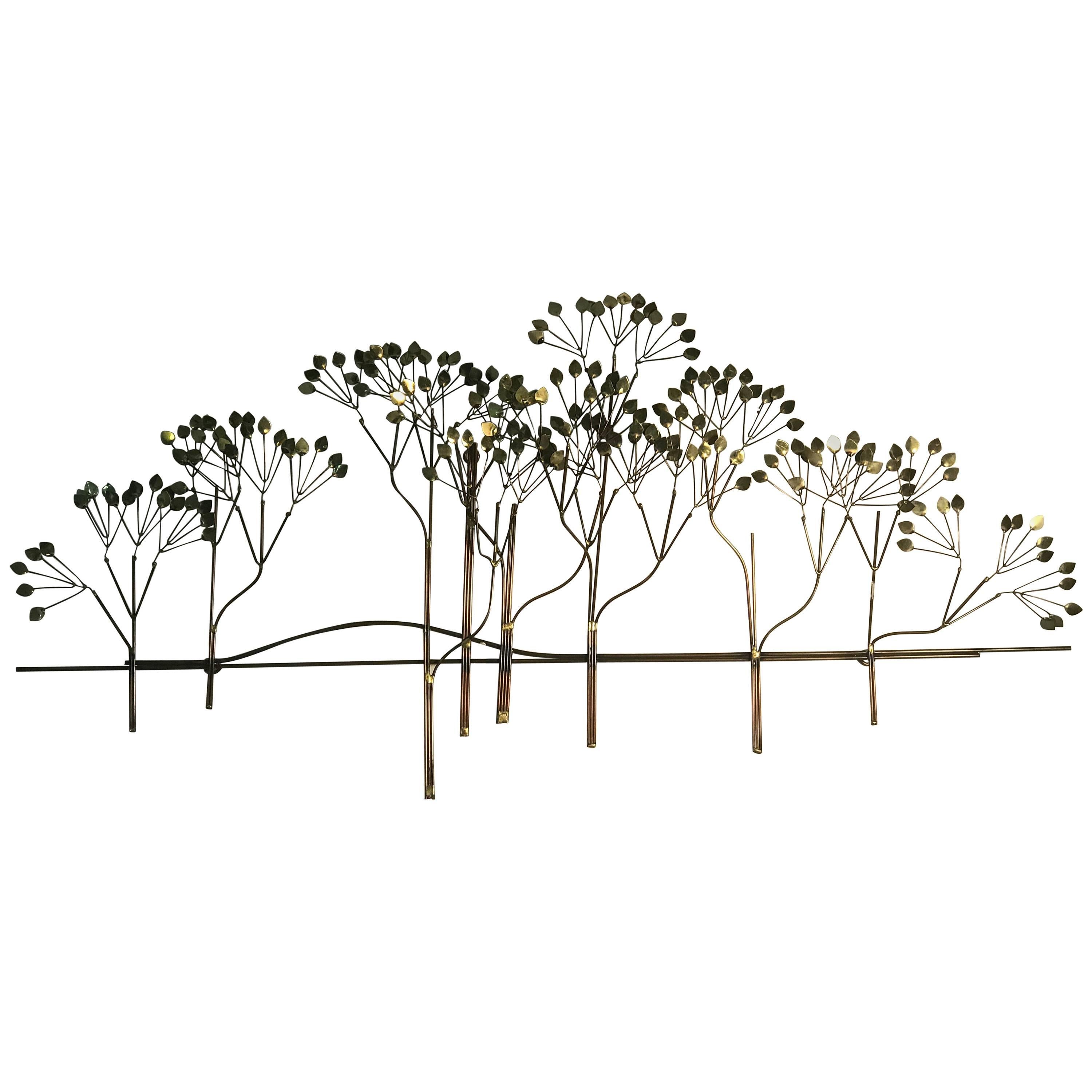 Beautiful Brass Wall Sculpture of Trees with Shimmering Leaves by Curtis Jere For Sale
