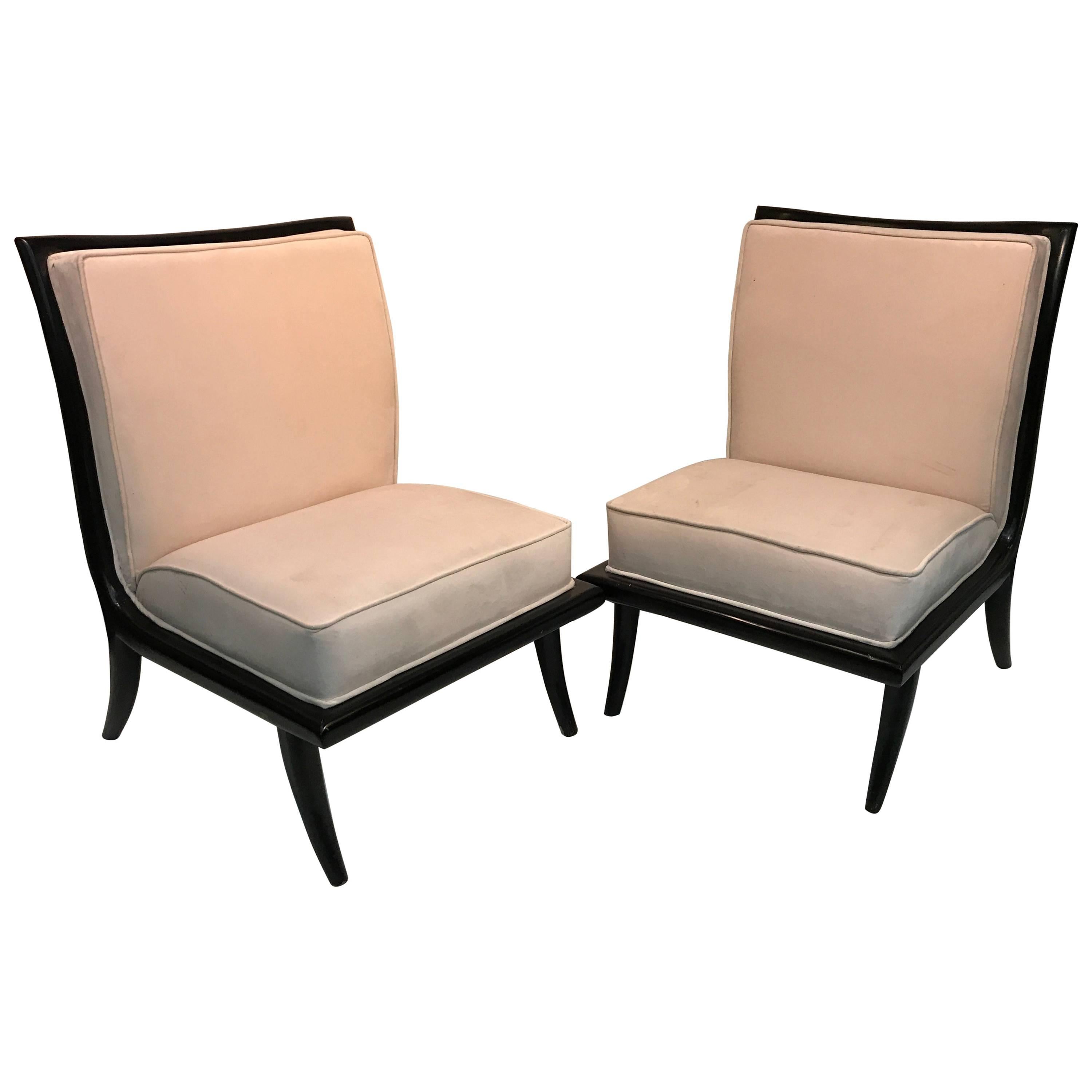 Glamorous Pair of White Velvet Slipper Chairs with Curved Elegant Legs For Sale