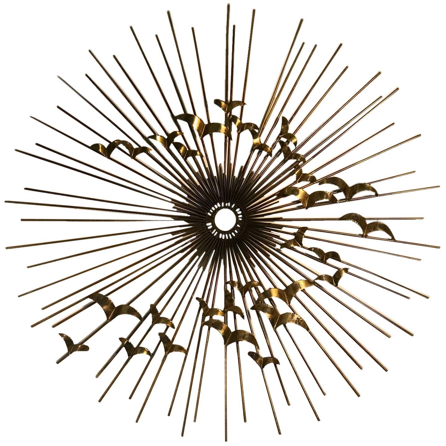 Stunning Curtis Jere Brass Sunburst Wall Sculpture with Flying Birds For Sale