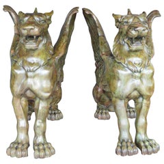 Pair of Large Griffin Italian Bronze with Green, Wax Patina, circa 1900s