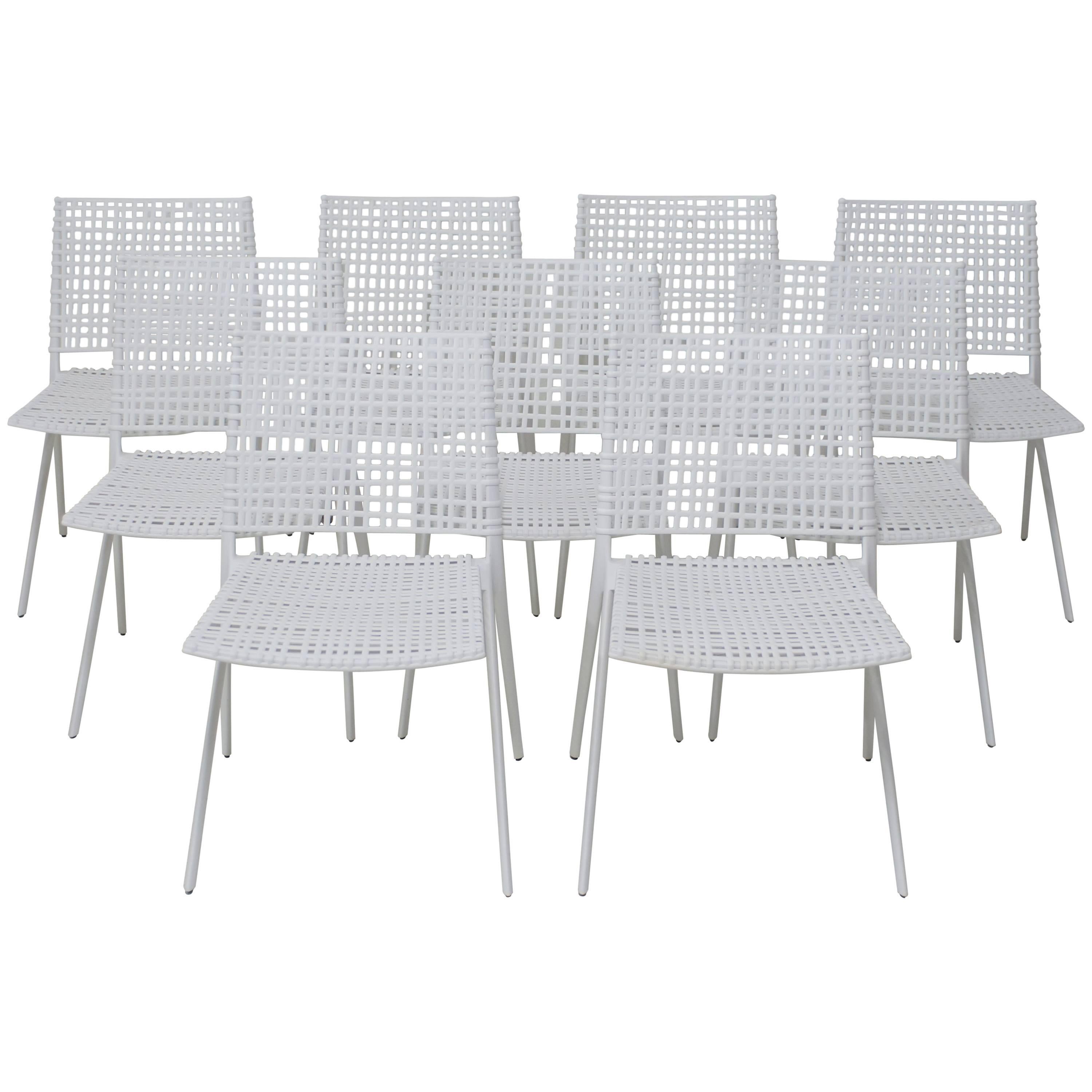 Set of 9 Janus Et Cie Branch Patio Dining Chairs in White Powder Coated Aluminum