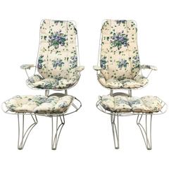 Retro Pair of Modernist Iron Tilt Swivel Lounge Garden Chairs and Ottomans, Homecrest