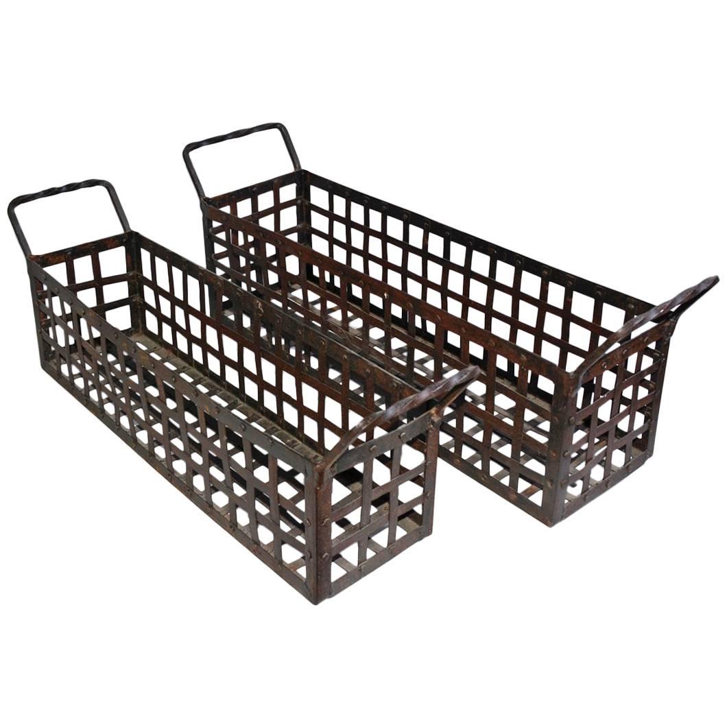 Pair of Vintage Wrought-Iron Open-Weave Basket Planters