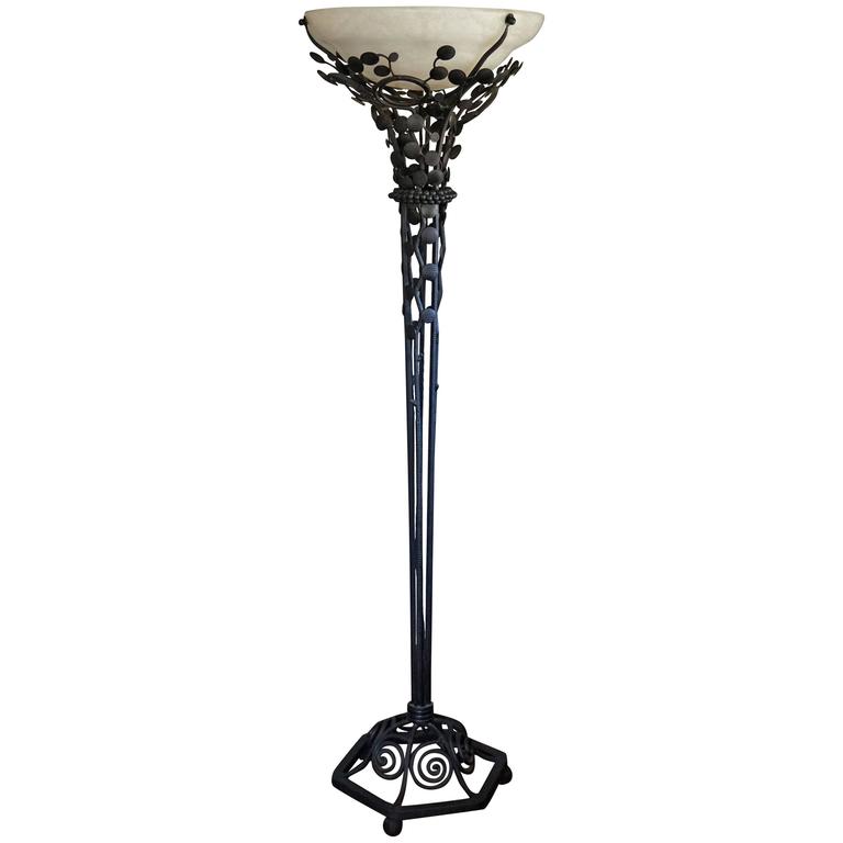 Art Deco Floor Lamp Wrought Iron And Brass With Alabaster Shade For Excellent Art Deco Style Wrought Iron And Pure White Alabaster Shade Floor Lamp